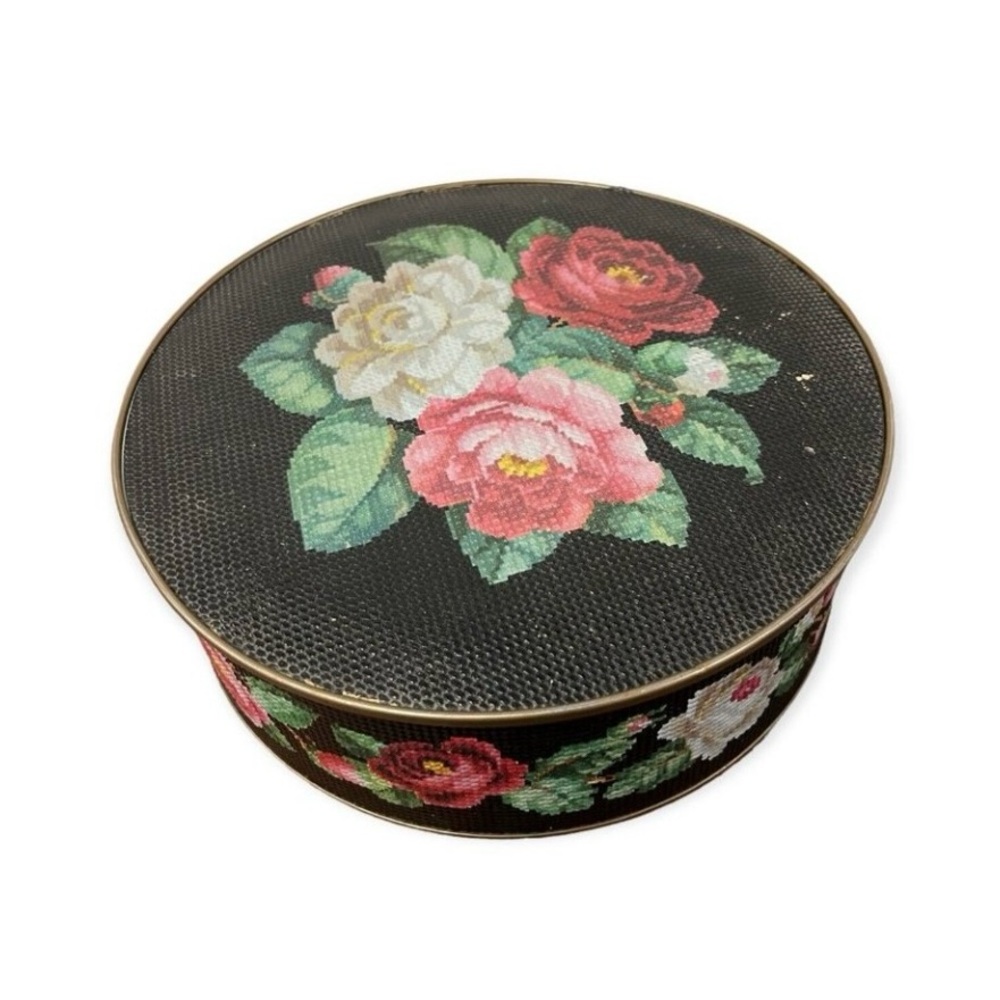 Guildcraft Vintage 1960s Sunshine Biscuit Tin Faux Needlework Rose Floral Design